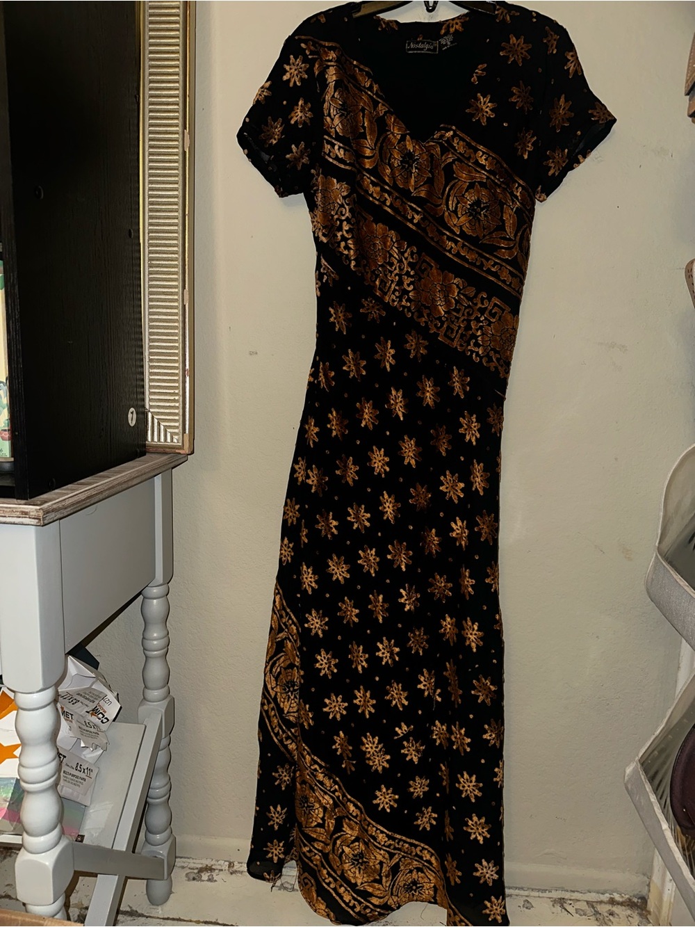 Nostalgia vintage black dress with gold velvet details size small